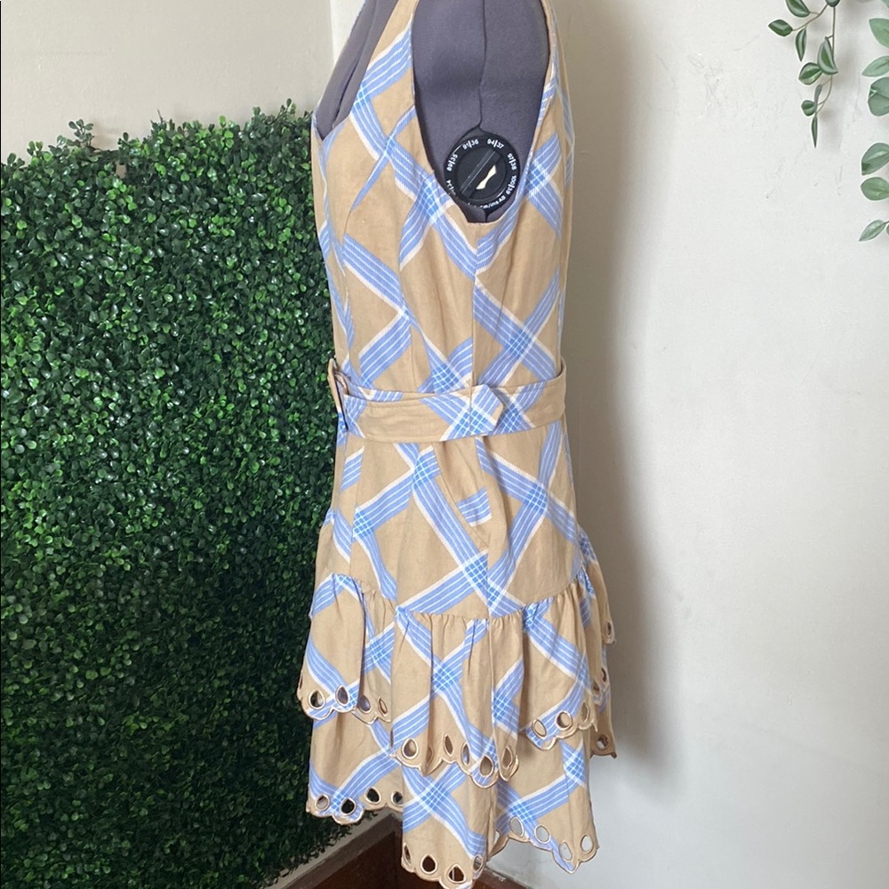 En Saison Tan and Light Blue Plaid Tiered Eyelet Hem Dress - Picture 4 of 10